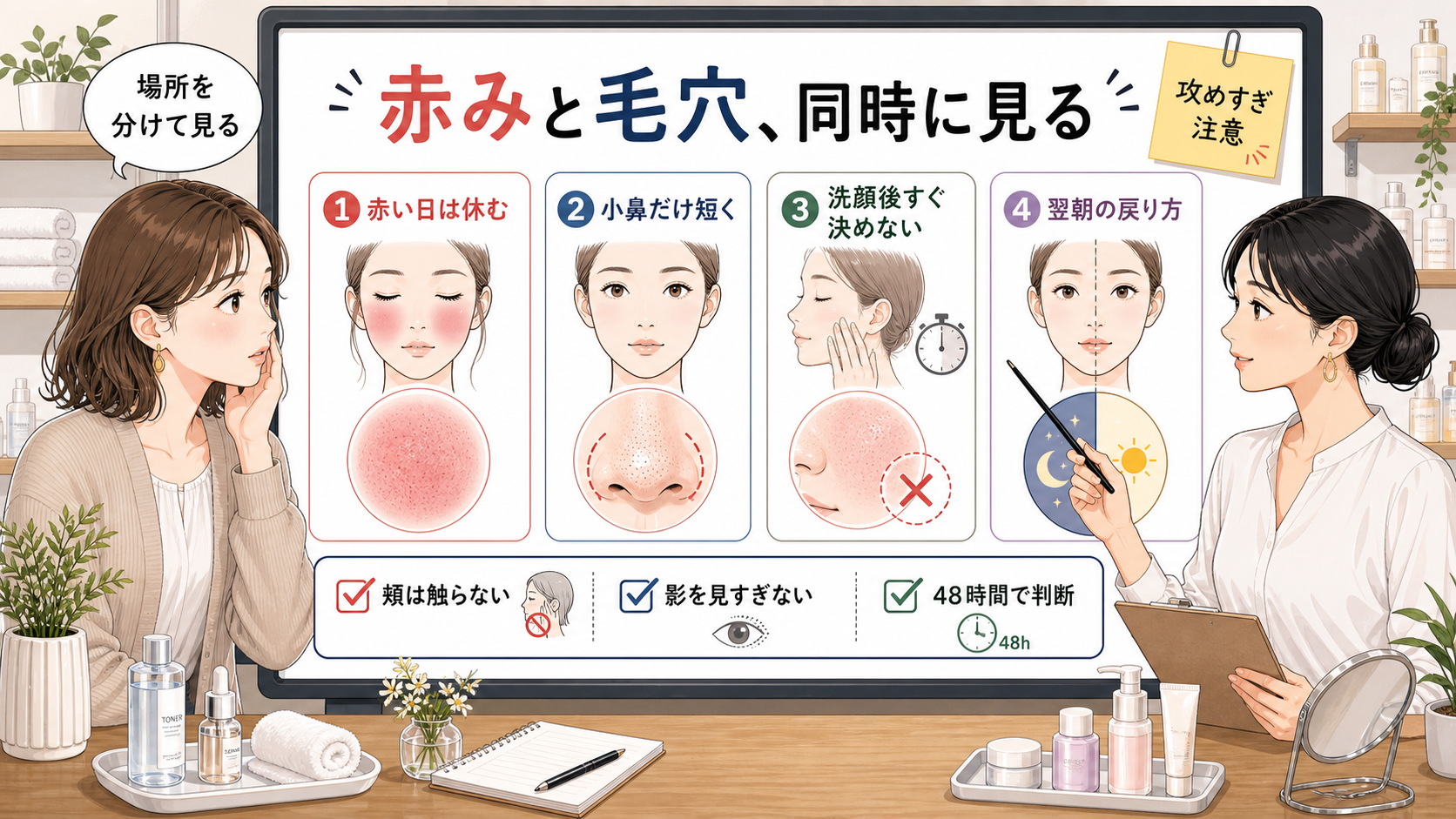 赤みと毛穴が同時に目立つ肌を、頬を休ませ小鼻だけ短く見る判断マップ