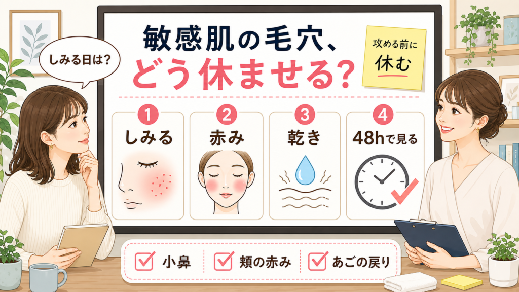 敏感肌の毛穴ケアをしみる・赤み・乾き・48時間の反応で分ける図解