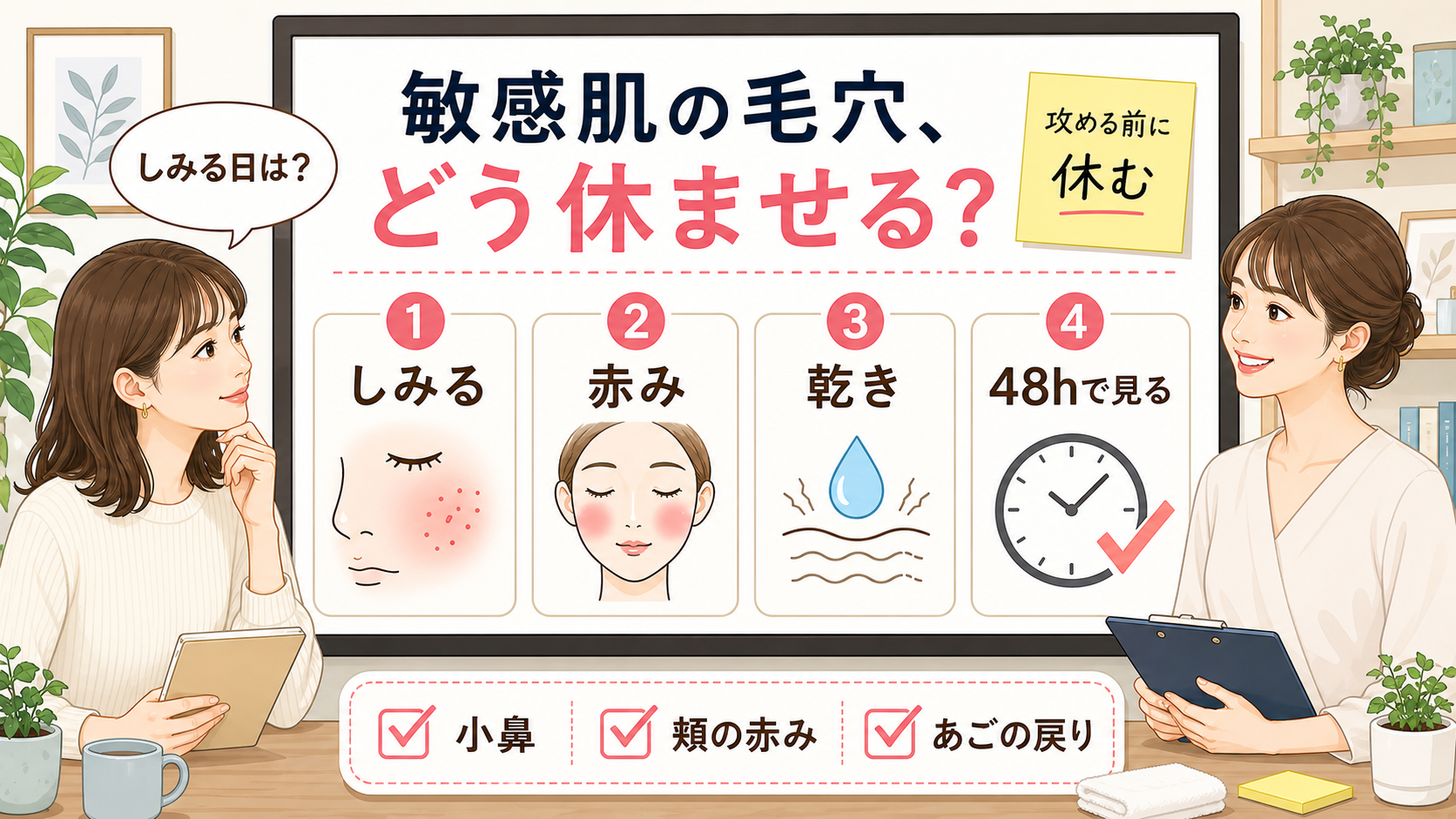 敏感肌の毛穴ケアをしみる・赤み・乾き・48時間の反応で分ける図解