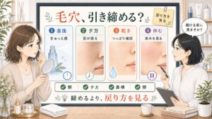 毛穴引き締めを直後、夕方、乾き、休むサインで確認するスキンケア相談ボード