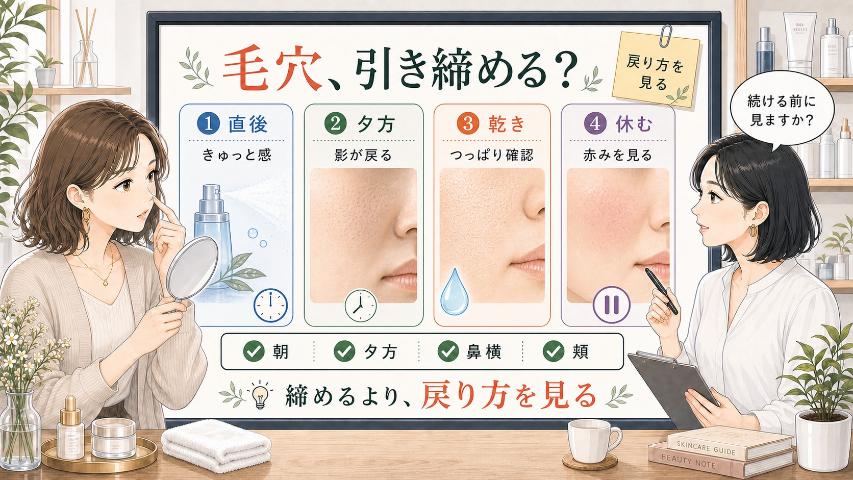 毛穴引き締めを直後、夕方、乾き、休むサインで確認するスキンケア相談ボード