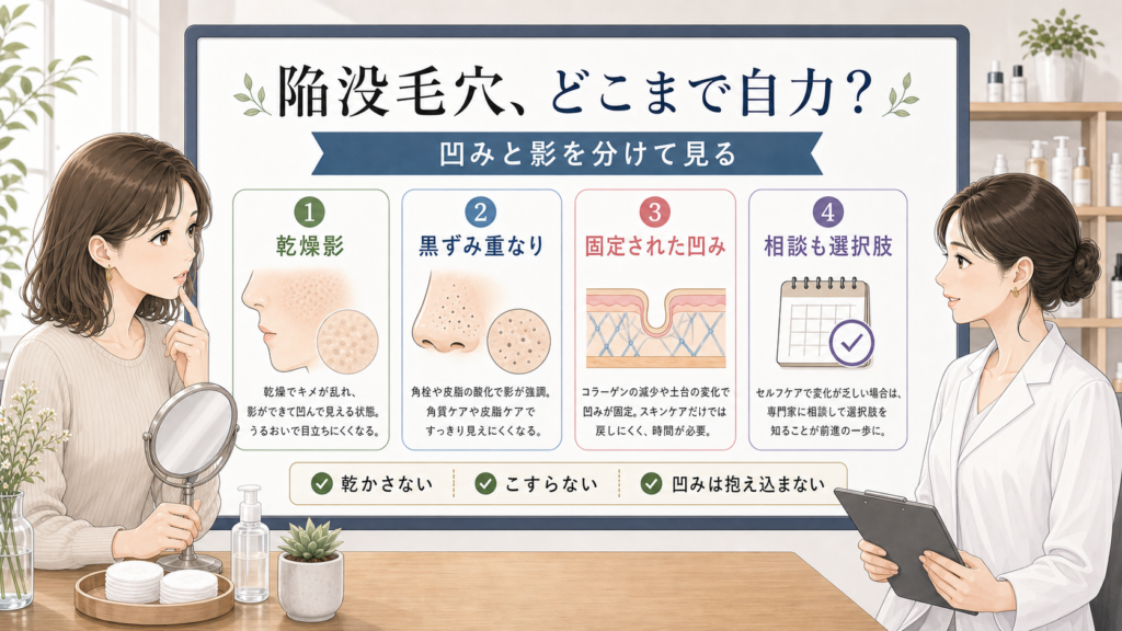 陥没毛穴を乾燥影や黒ずみ重なりや固定された凹みに分けて整理した美容相談ボード