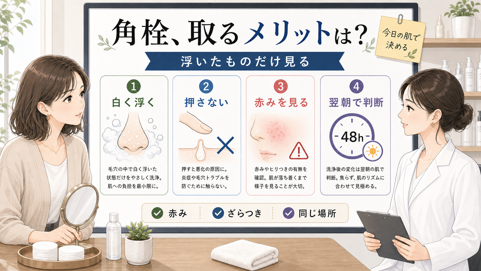 角栓を取るメリットと赤み・ざらつき・翌朝判断を整理した美容相談ボード