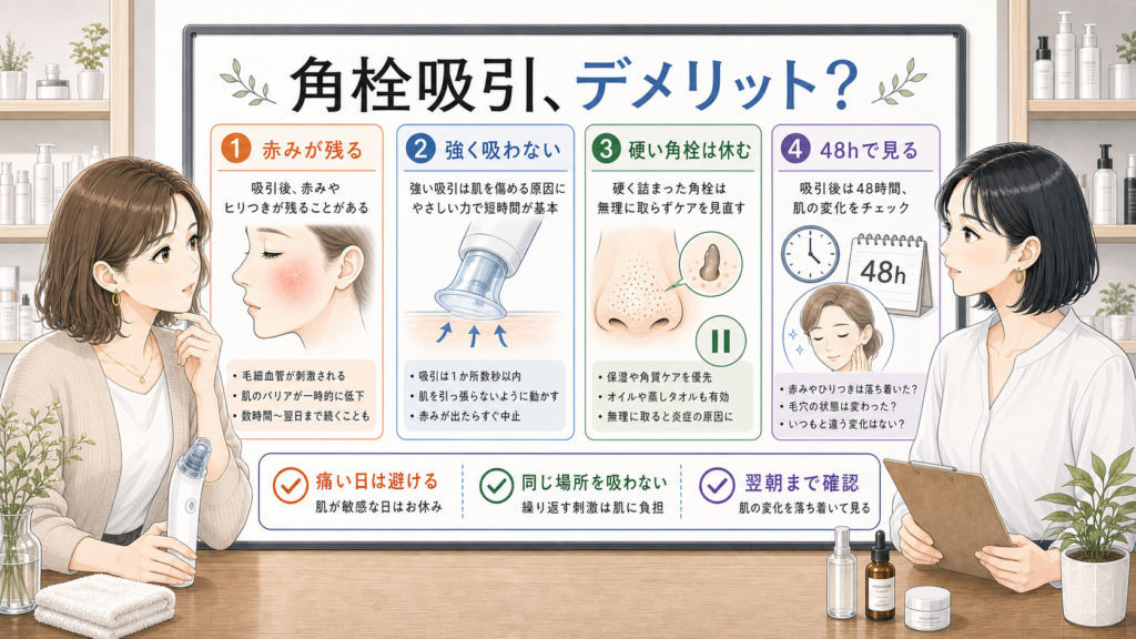 角栓吸引のデメリットと赤みや48時間確認を整理する美容相談ボード