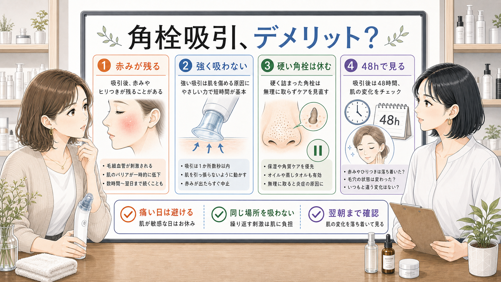 角栓吸引のデメリットと赤みや48時間確認を整理する美容相談ボード