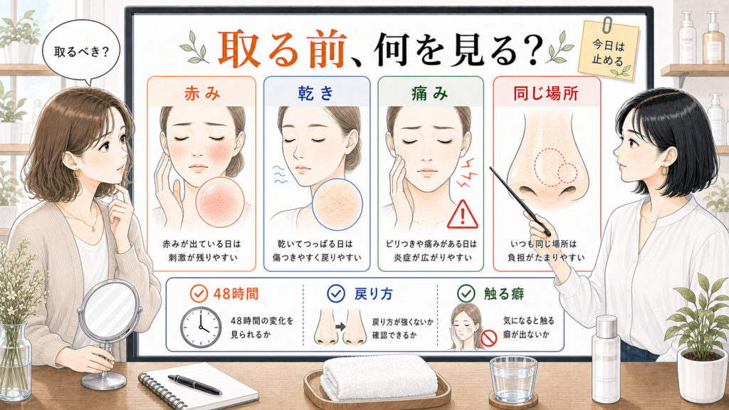 角栓除去の前に赤みと乾きと痛みと同じ場所を確認する美容メディア挿絵
