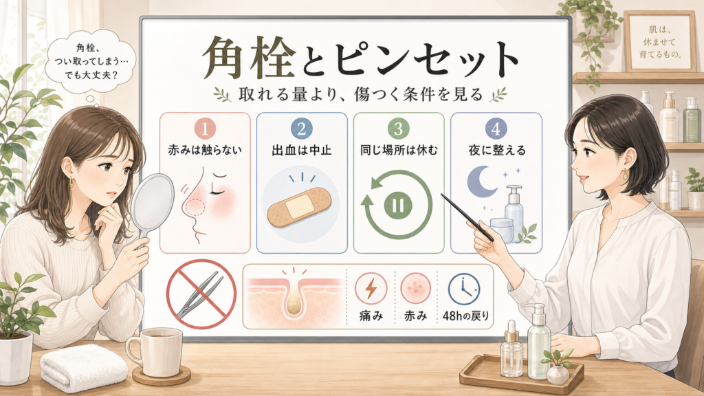 角栓をピンセットで取る前に赤みや出血や48時間の戻りを見るアイキャッチ