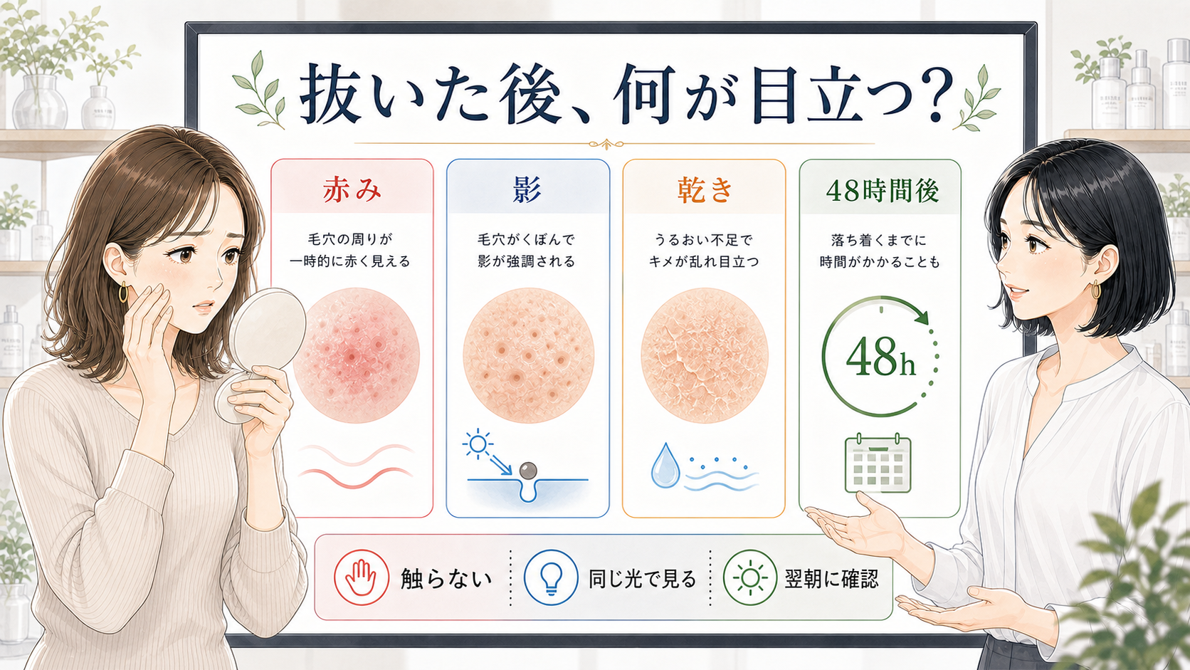 角栓を抜いた後に毛穴が目立つ原因を赤みや影で見分ける美容相談ボード