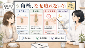 角栓が取れない理由を、まだ早い・奥が固い・押しすぎ注意・夜にゆるめるで整理した美容メディア風イラスト