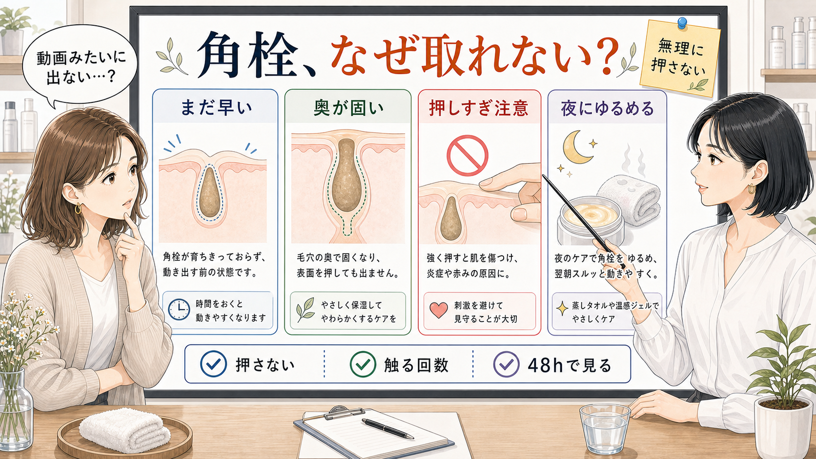 角栓が取れない理由を、まだ早い・奥が固い・押しすぎ注意・夜にゆるめるで整理した美容メディア風イラスト