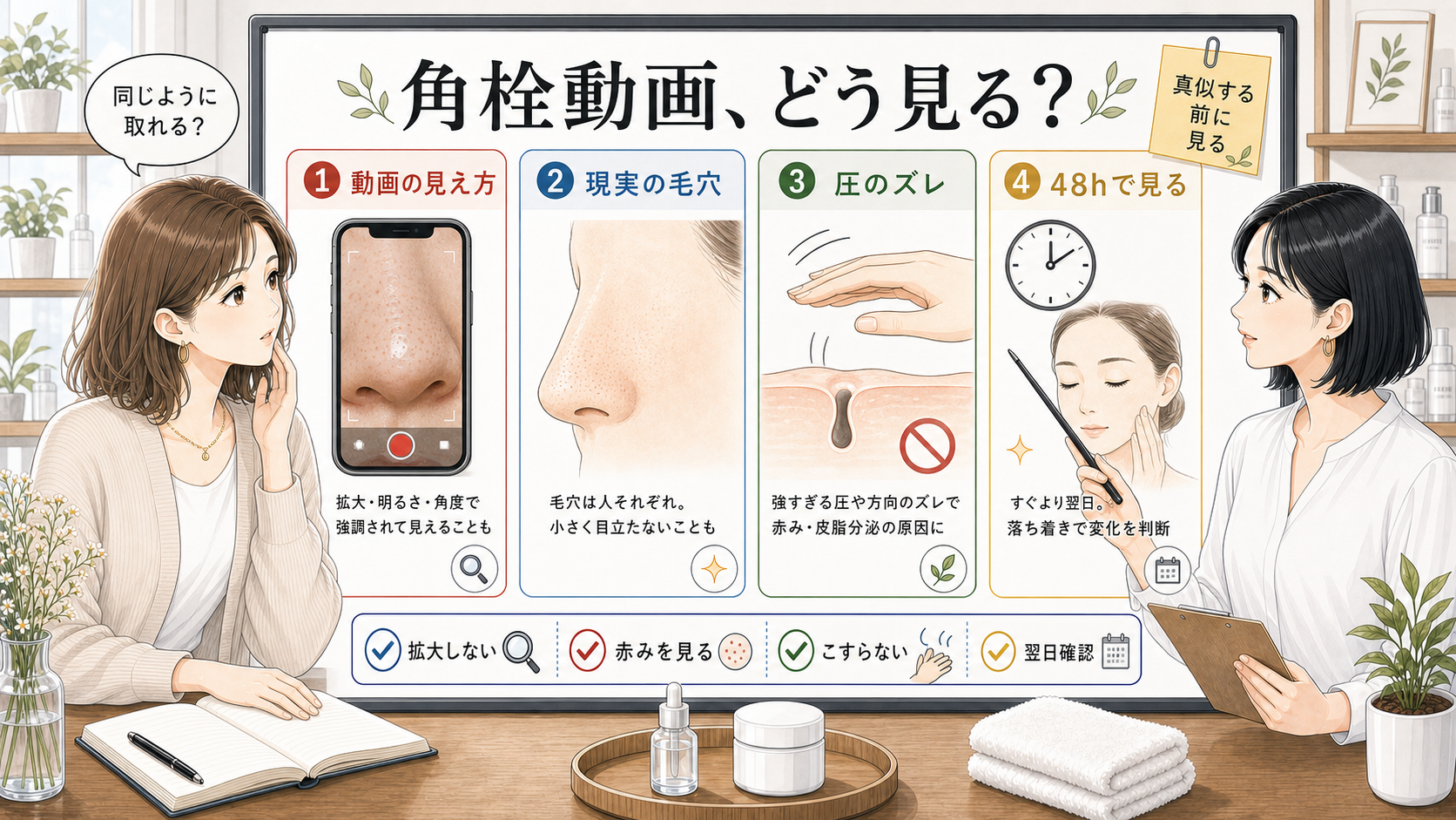 角栓の動画と現実の毛穴の違いを説明する比較ボード