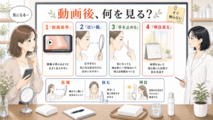 角栓動画を見た後に鏡距離と触る前の停止と翌朝確認を見直す美容メディア挿絵