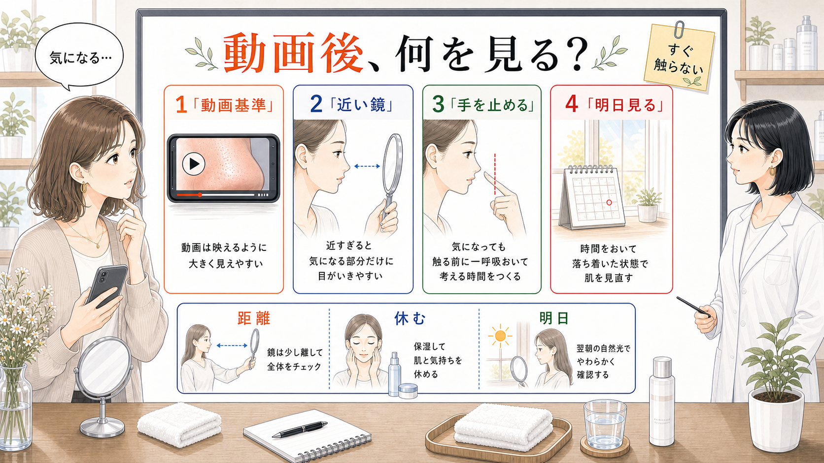 角栓動画を見た後に鏡距離と触る前の停止と翌朝確認を見直す美容メディア挿絵