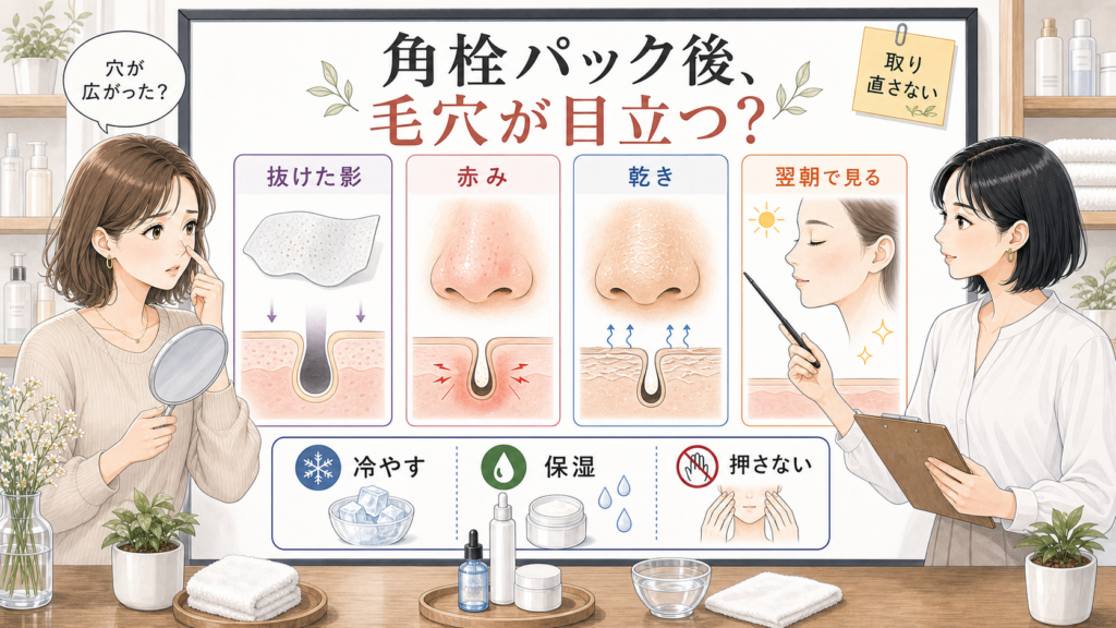 角栓パック後に毛穴が目立つ理由と戻し方を説明する美容相談イラスト