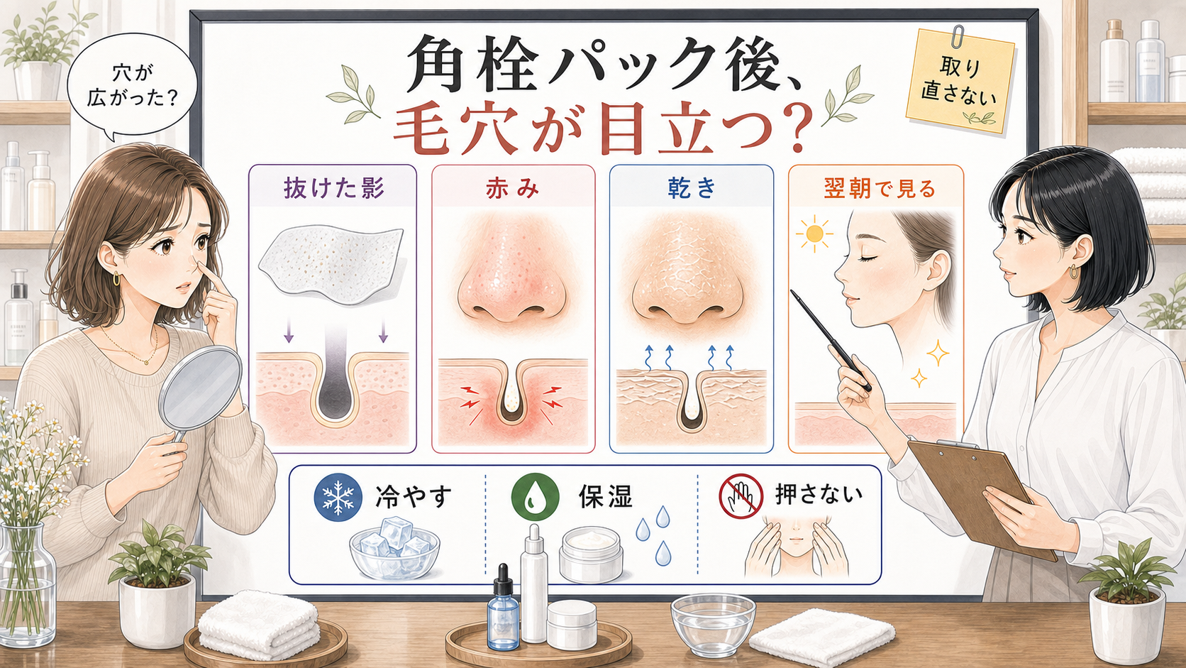 角栓パック後に毛穴が目立つ理由と戻し方を説明する美容相談イラスト
