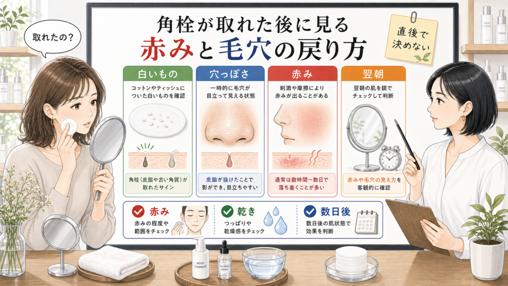 角栓が取れた後に赤みと毛穴の戻り方を見る美容相談イラスト