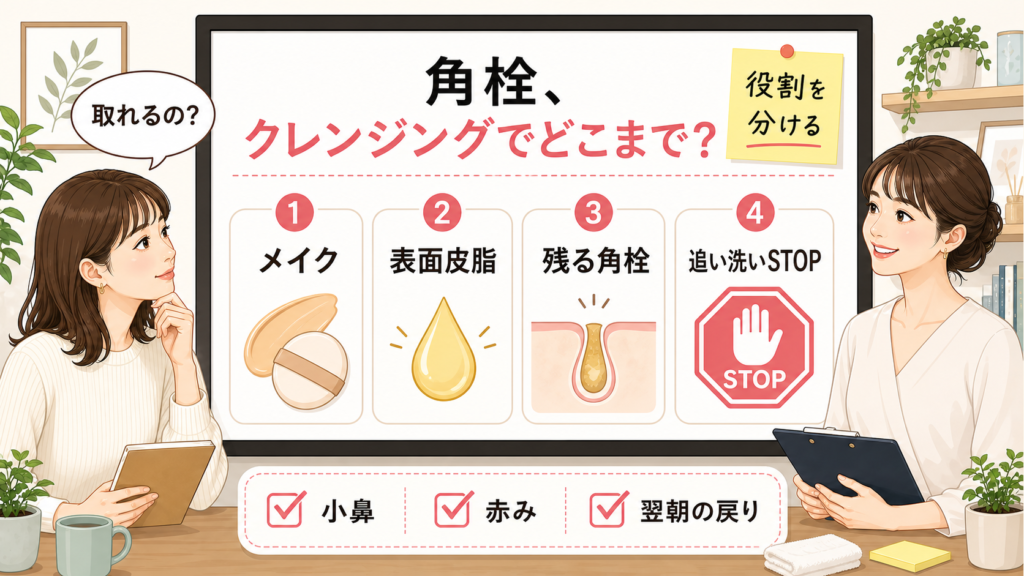 クレンジングで落ちるものと残る角栓をメイク・表面皮脂・追い洗い停止で分ける図解