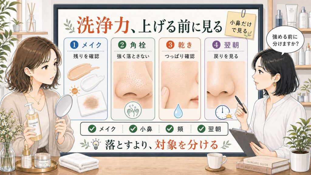 クレンジング洗浄力を上げる前にメイク、角栓、乾き、翌朝を分けて確認するスキンケア相談ボード