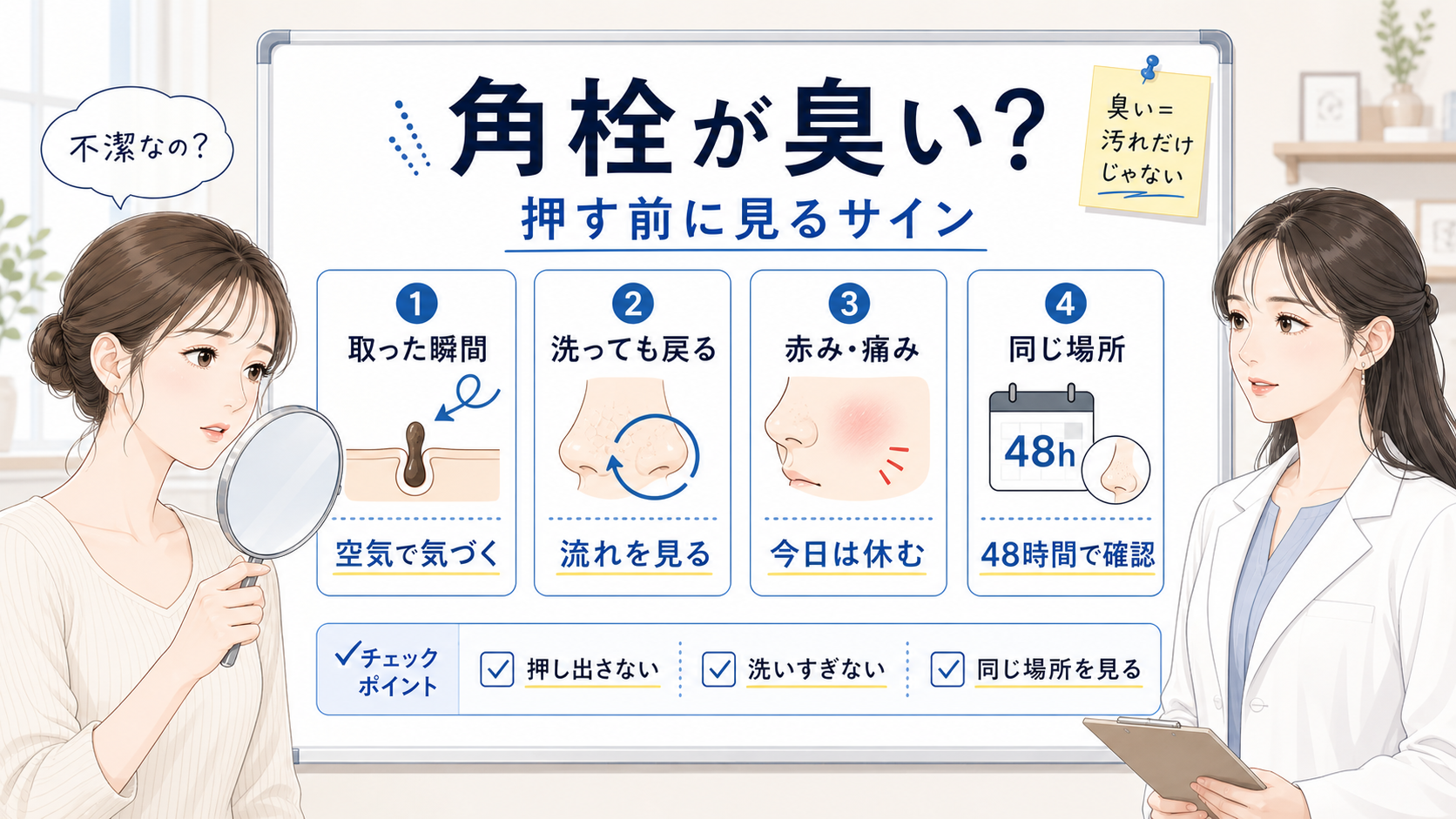 角栓が臭いと感じたときに押し出す前に見るサイン、洗いすぎない判断、48時間確認を整理した美容メディア風イラスト