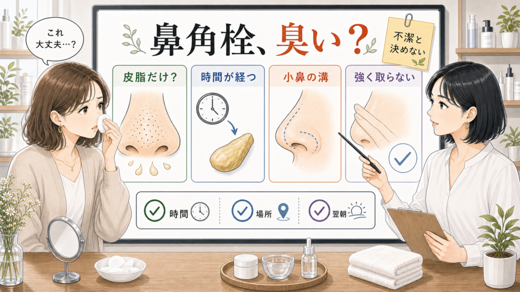 鼻の角栓が臭い理由を皮脂、時間、小鼻の溝、強く取らない判断で整理する1207基準の美容メディア風イラスト