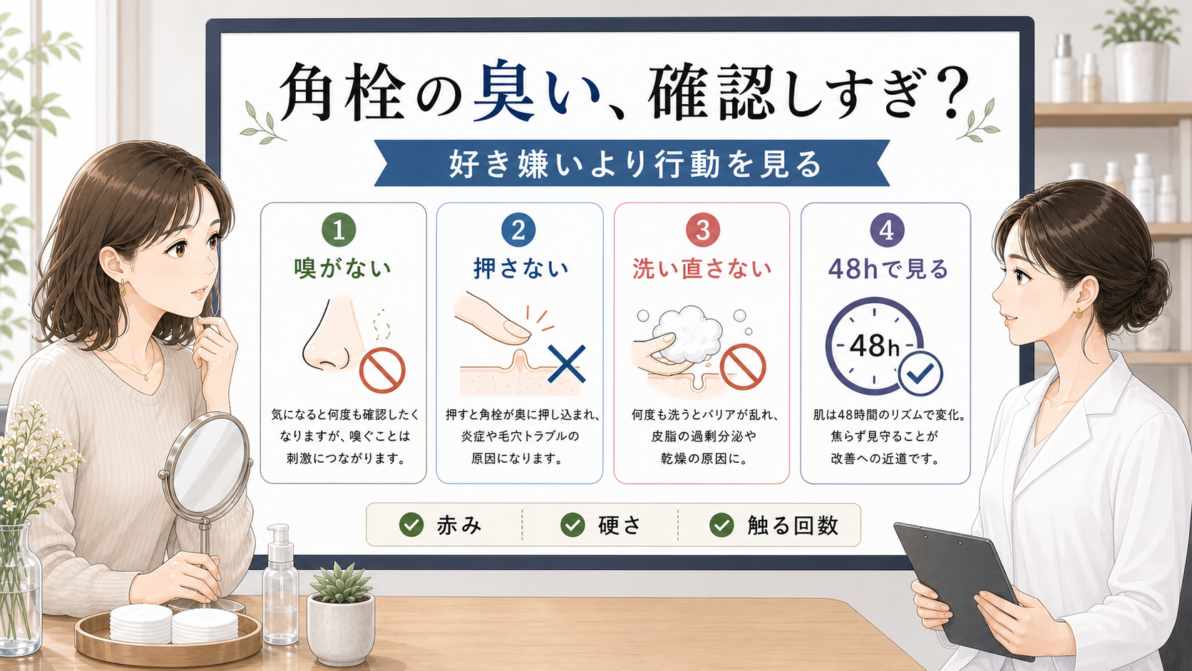 角栓の臭いを確認しすぎないために嗅がない押さない洗い直さないを整理した美容相談ボード
