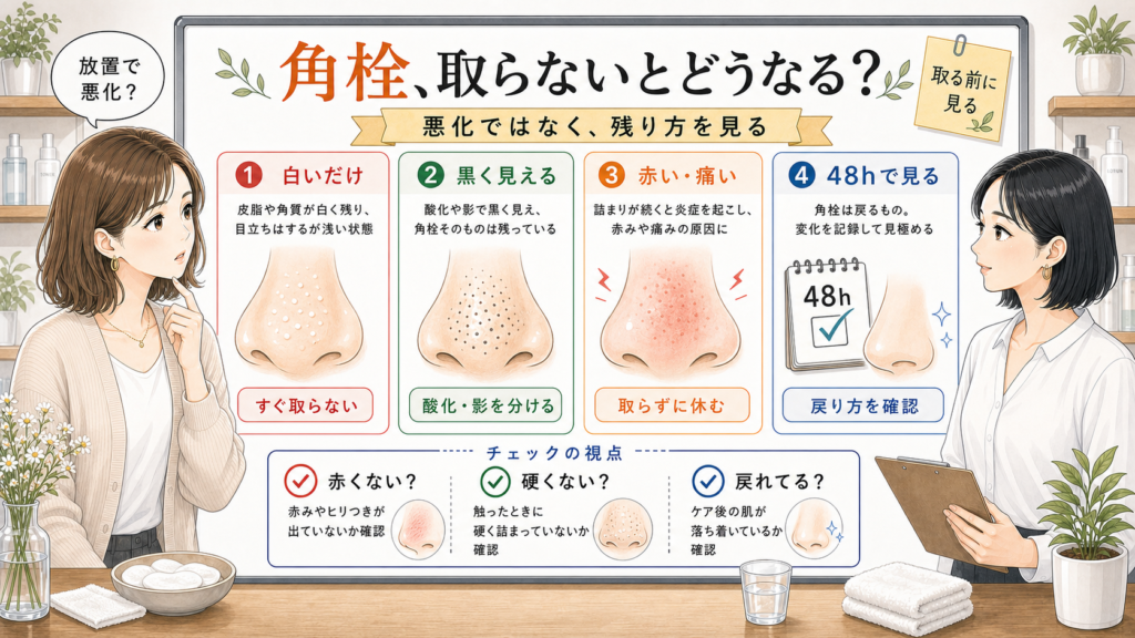 角栓を取らないとどうなるかを白いだけ、黒く見える、赤い痛い、48時間確認で整理した美容メディア風イラスト