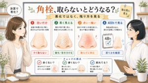 角栓を取らないとどうなるかを白いだけ、黒く見える、赤い痛い、48時間確認で整理した美容メディア風イラスト