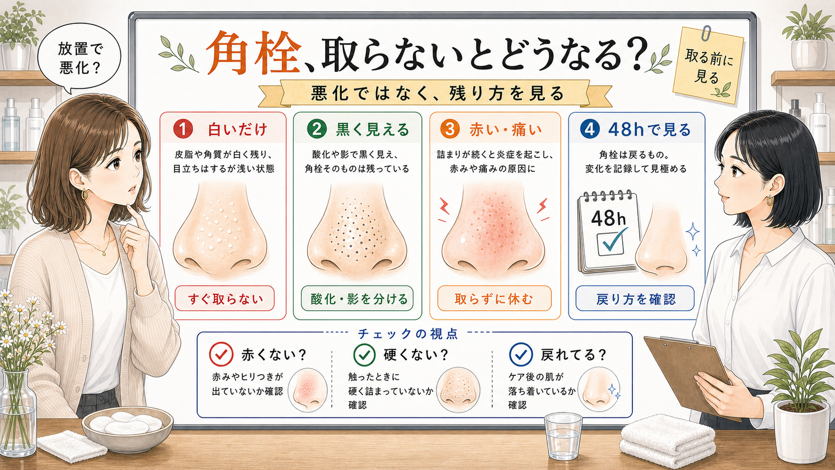 角栓を取らないとどうなるかを白いだけ、黒く見える、赤い痛い、48時間確認で整理した美容メディア風イラスト