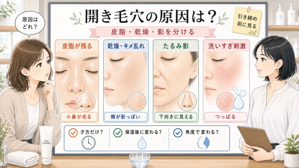 開き毛穴の原因を皮脂、乾燥、たるみ影、洗いすぎ刺激で整理した美容メディア風イラスト