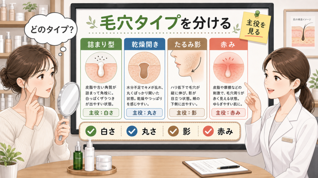 毛穴種類を詰まり型・乾燥開き・たるみ影・赤みで整理するアイキャッチ