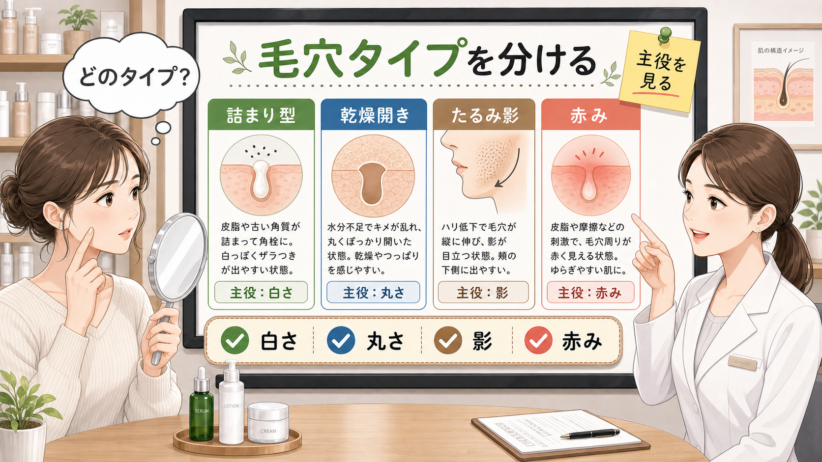 毛穴種類を詰まり型・乾燥開き・たるみ影・赤みで整理するアイキャッチ