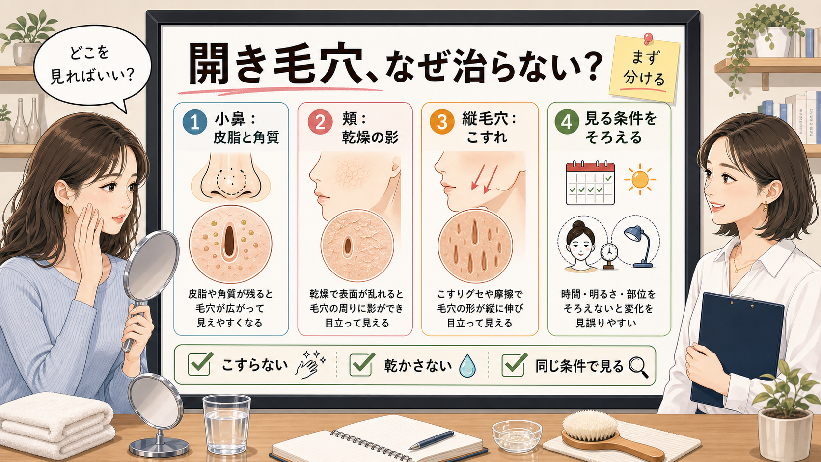 開き毛穴が治らない理由を小鼻・頬・縦毛穴・見る条件に分けて整理するアイキャッチ