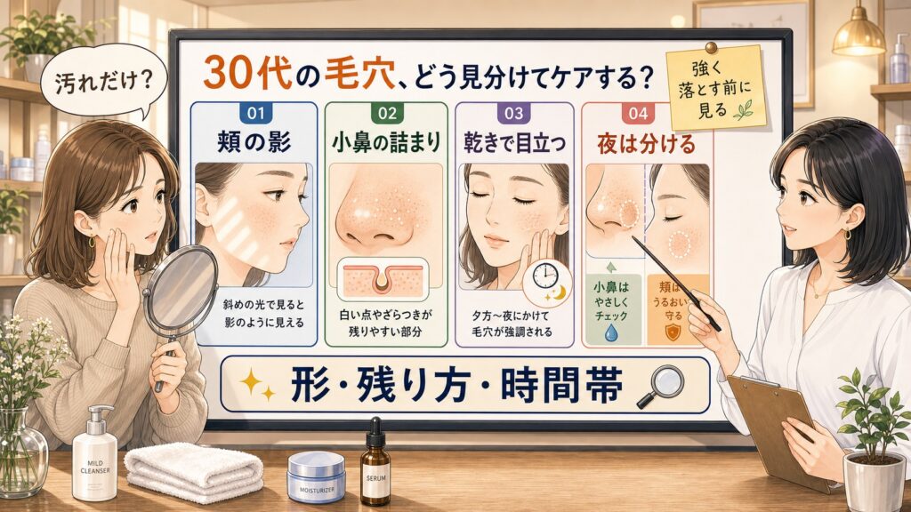 30代の開き毛穴と小鼻の詰まりを見分けるための相談ボード型アイキャッチ