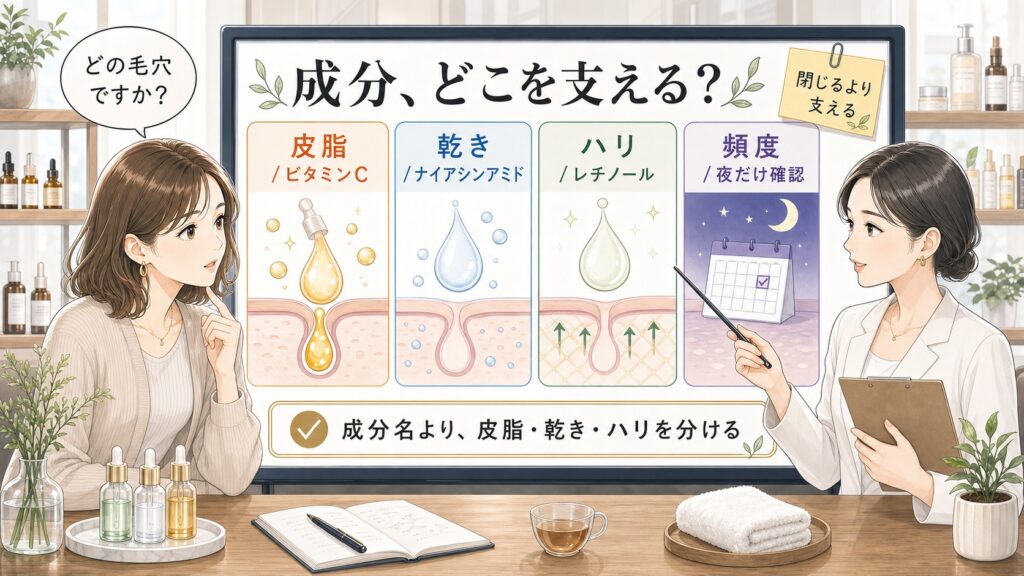 開き毛穴の成分選びを皮脂、乾き、ハリ不足、頻度に分けて確認するスキンケア相談ボード