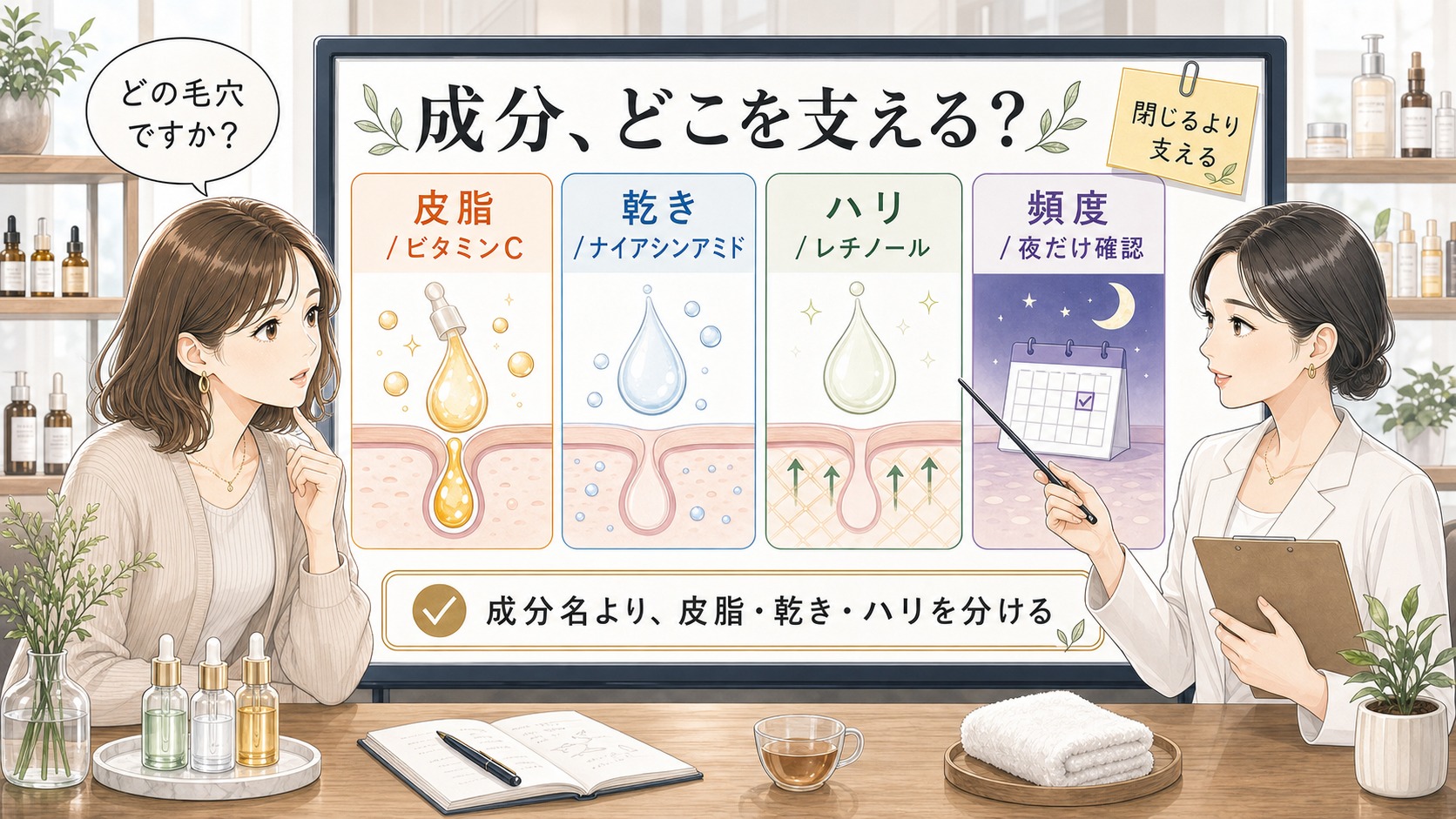 開き毛穴の成分選びを皮脂、乾き、ハリ不足、頻度に分けて確認するスキンケア相談ボード