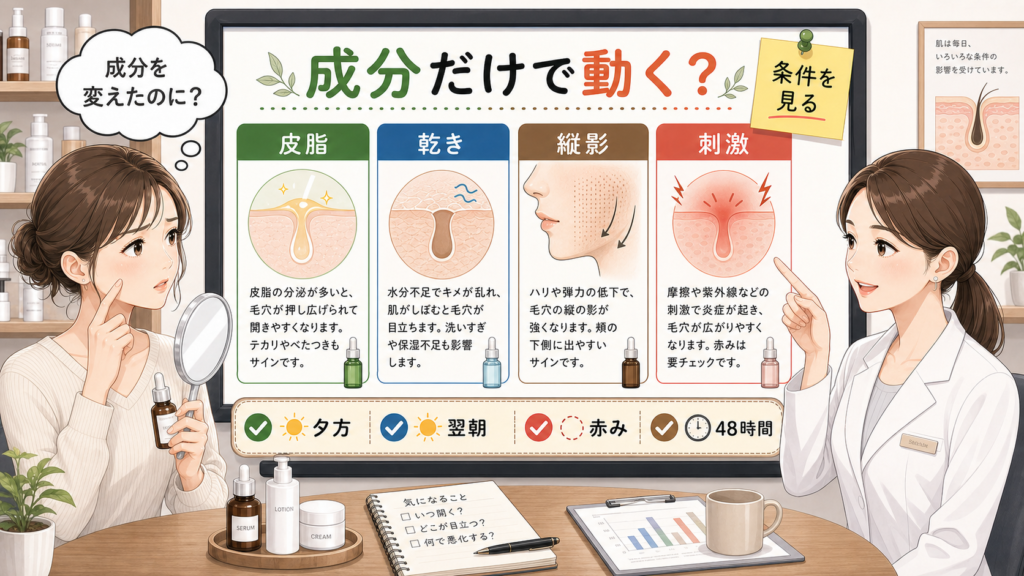 開き毛穴に効く成分を変えても改善しない理由を皮脂・乾き・縦影・刺激で整理するアイキャッチ
