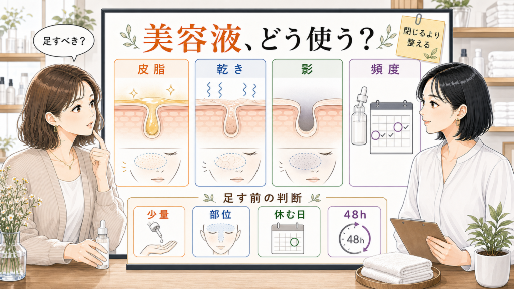 開き毛穴に美容液が必要かを皮脂乾き影頻度で整理する相談ボードのアイキャッチ