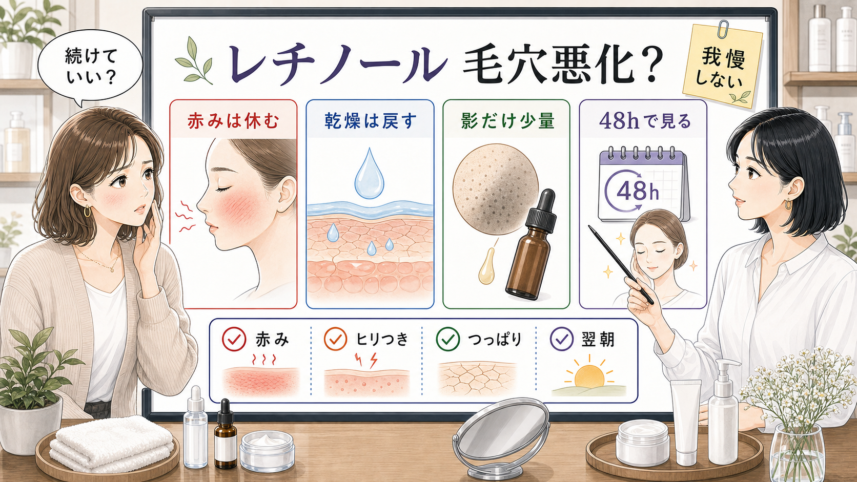 レチノールで毛穴が悪化したように見える時の赤み・乾燥・頻度を整理した相談ボード