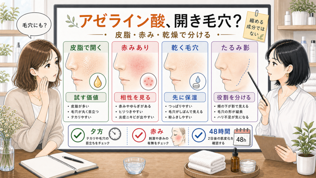 アゼライン酸と毛穴の開きの向き不向きを示す解説イラスト
