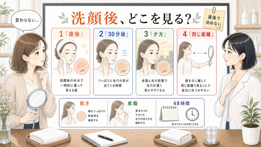 洗顔後の直後と30分後と夕方の開き毛穴の戻り方を見る美容メディア挿絵