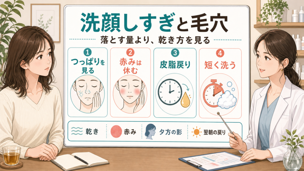 洗顔しすぎで毛穴が目立つ時の乾き方と赤みを示す美容相談イラスト