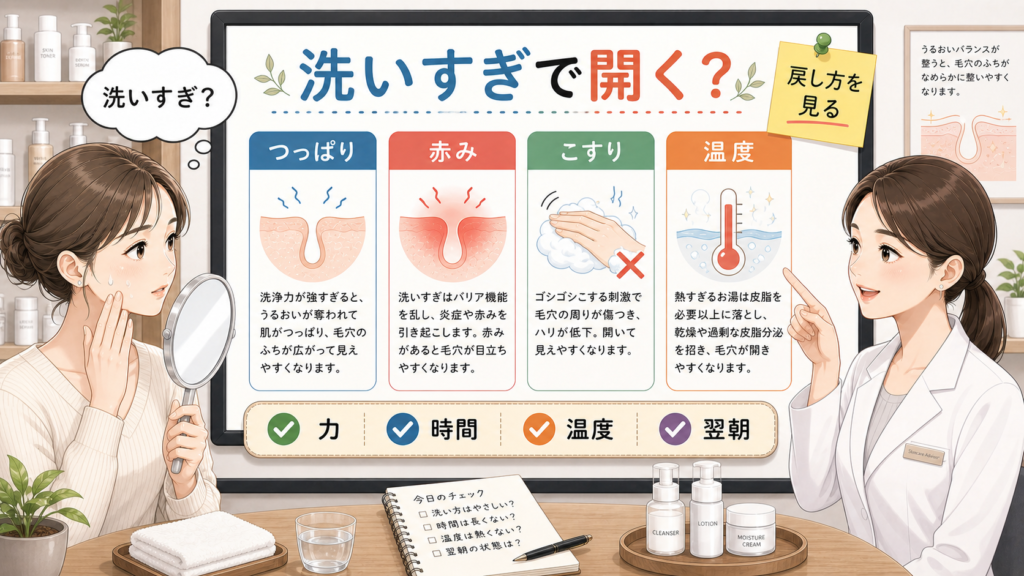 毛穴が開く原因として洗いすぎを力・時間・温度・翌朝の戻り方で整理するアイキャッチ