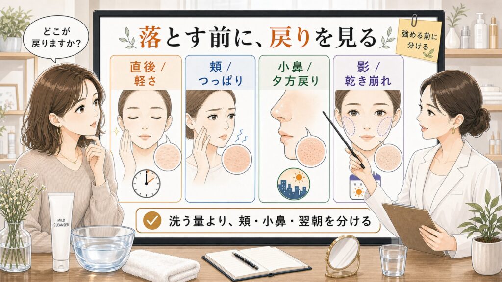開き毛穴が開きすぎて見える時に直後、頬、小鼻、影の戻り方を分けて確認するスキンケア相談ボード