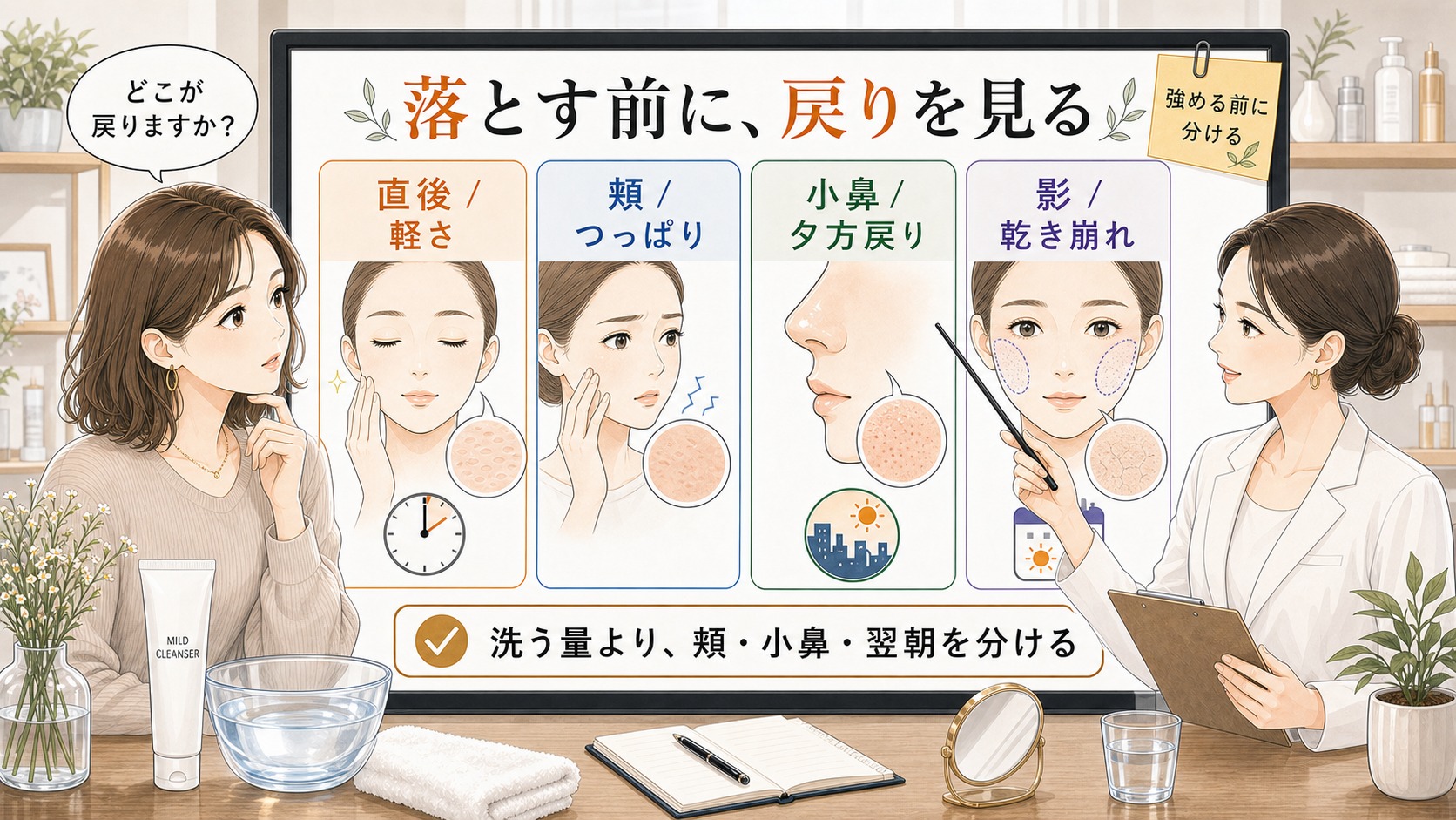 開き毛穴が開きすぎて見える時に直後、頬、小鼻、影の戻り方を分けて確認するスキンケア相談ボード