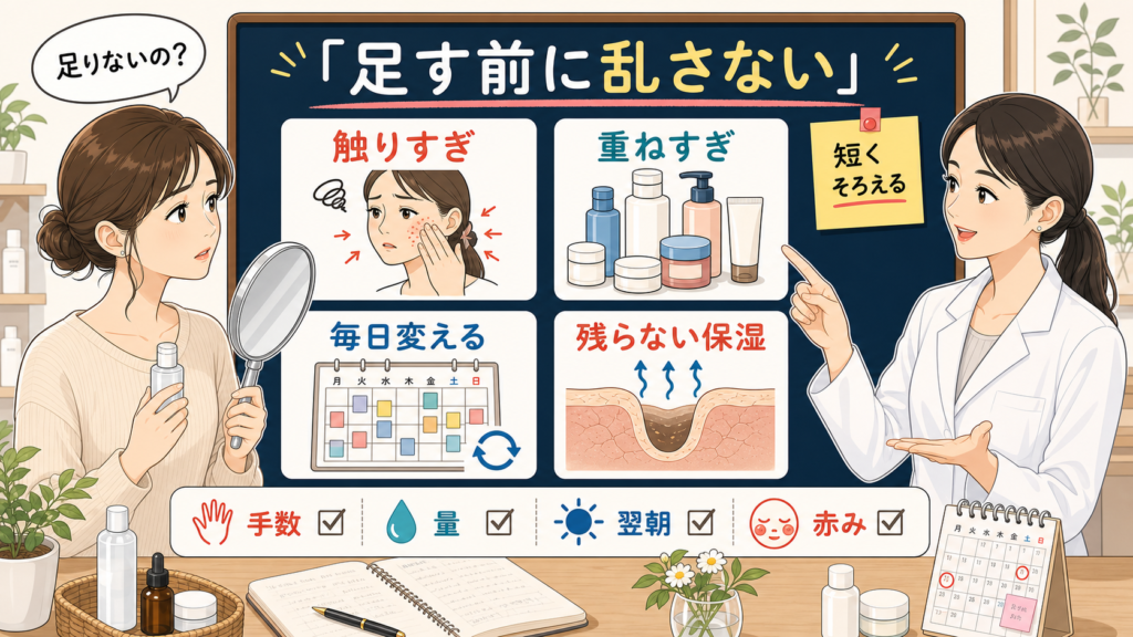 乾燥開き毛穴のスキンケアで触りすぎ・重ねすぎ・毎日変える・残らない保湿を整理するイラスト