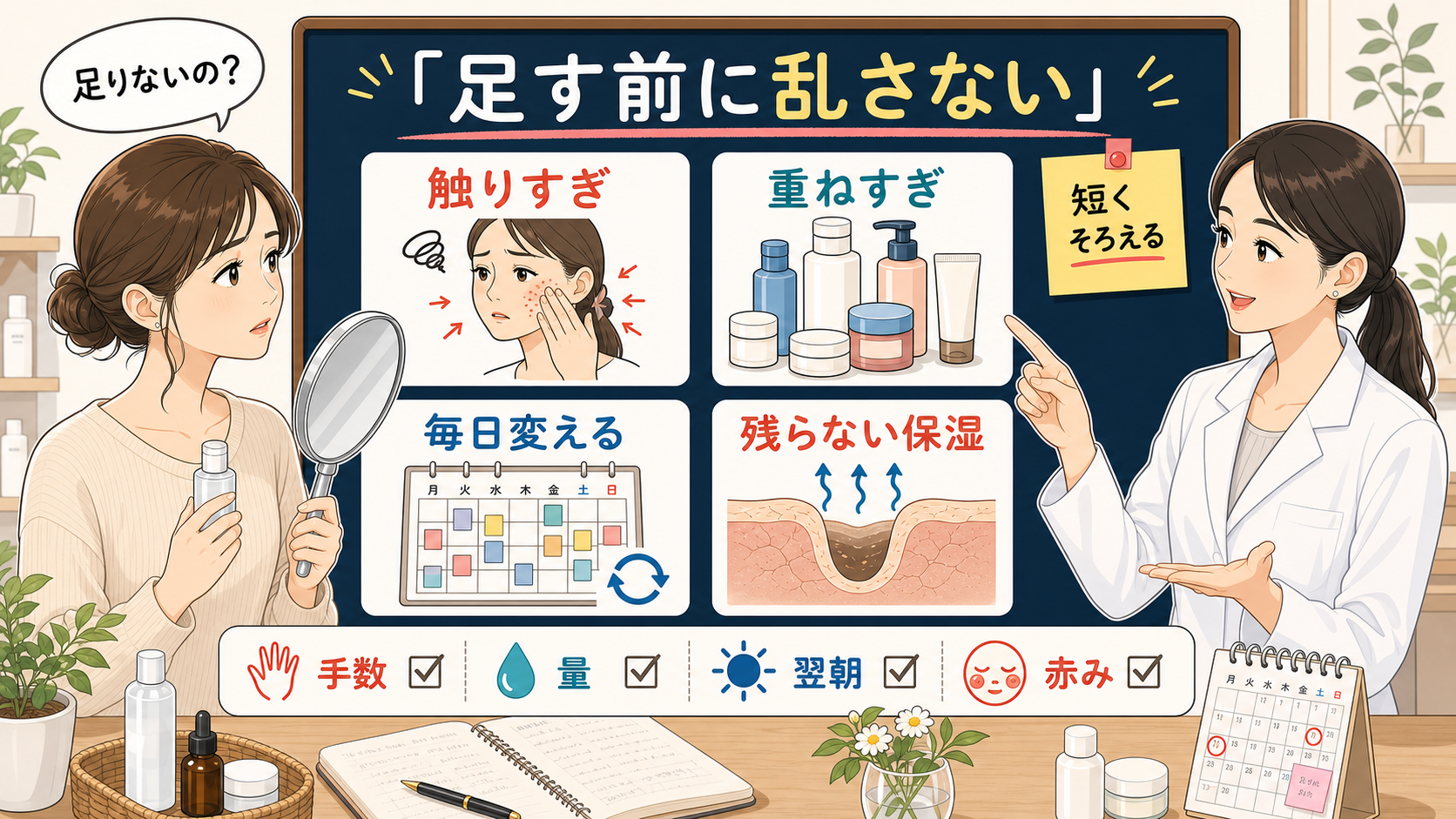 乾燥開き毛穴のスキンケアで触りすぎ・重ねすぎ・毎日変える・残らない保湿を整理するイラスト