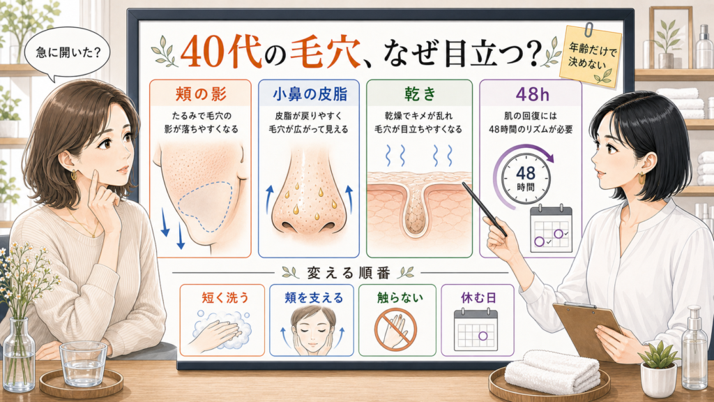 40代の毛穴の開きを頬の影小鼻の皮脂乾き48時間で整理する相談ボードのアイキャッチ