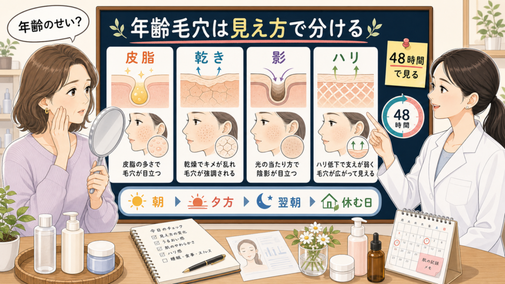 年齢による開き毛穴を皮脂・乾き・影・ハリと48時間の戻り方で整理するイラスト