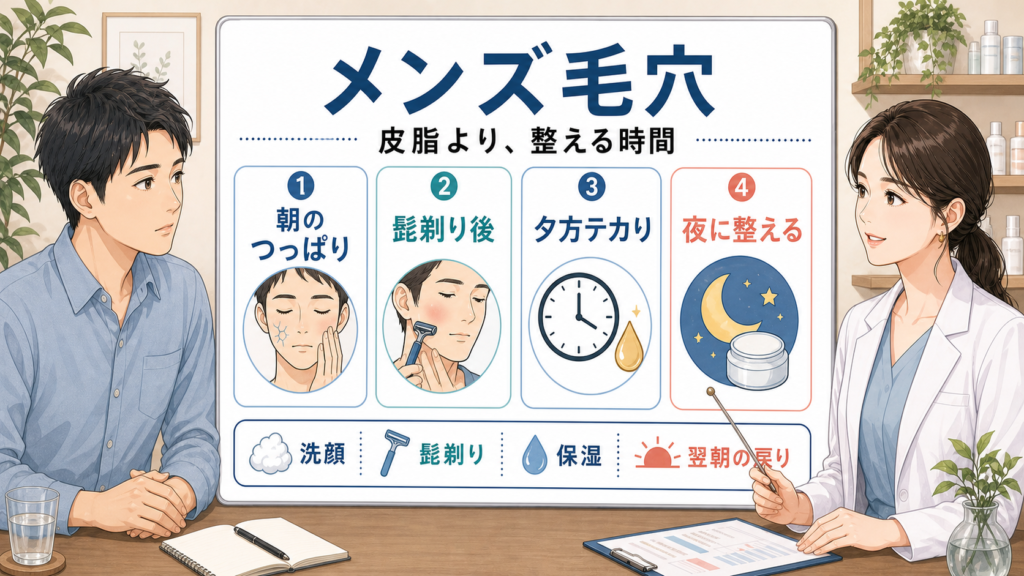 メンズの開き毛穴を皮脂と髭剃りと保湿で整理する美容相談イラスト