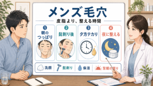 メンズの開き毛穴を皮脂と髭剃りと保湿で整理する美容相談イラスト